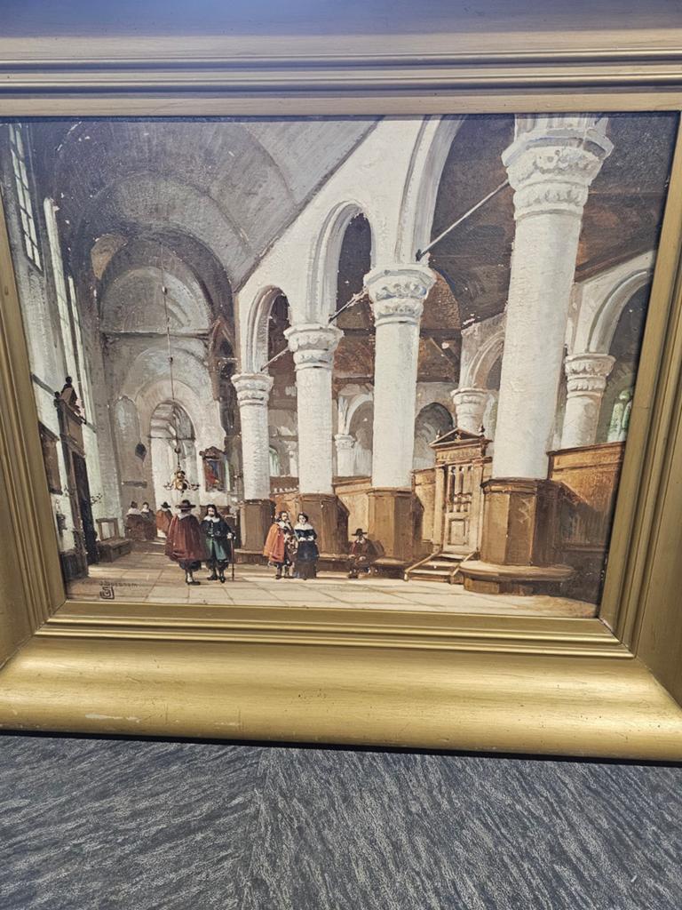 Oud schilderij: Interieur van een kerk met figuren