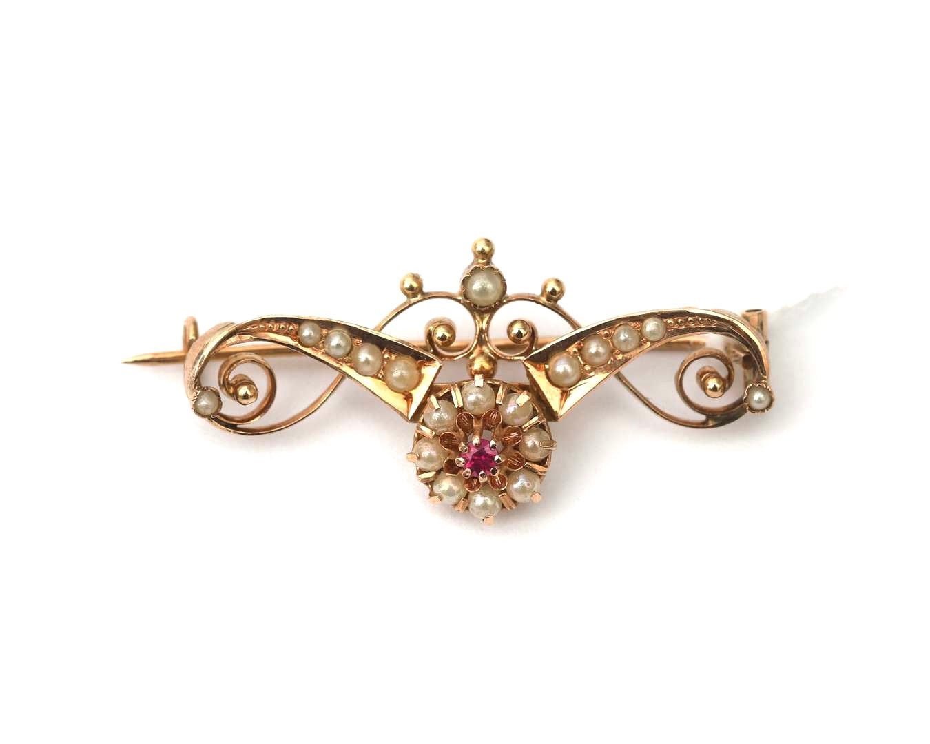 14 karaat roségouden broche met zaadparels en robijn, 1880, Ophalen of Verzenden, Goud, Broche, Met edelsteen