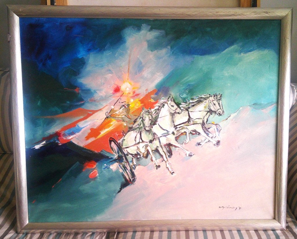 Mythe ? - met paarden en koets 1991 - Matty Woudenberg, Antiek en Kunst, Kunst | Schilderijen | Klassiek, Ophalen, Doek, Impressionistisch