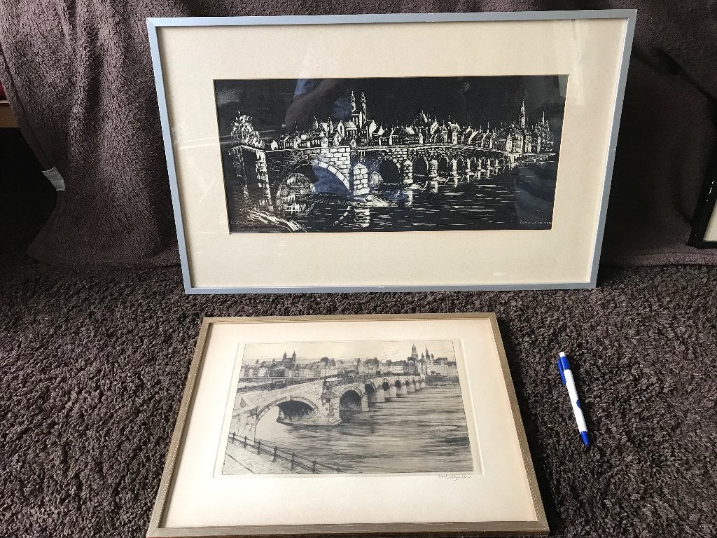 Maastricht Maasbrug gravure Pie Wilhelmus Ets Han Jelinger, Ophalen of Verzenden, Stadsgezicht, Gravure, 1950 - 1999