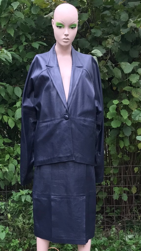 Mantelpak - Rok en jas - donkerblauw leer - jaren 80 Maat M, Kleding | Dames, Jasjes, Kostuums en Pakken, Maat 38/40 (M), Kostuum of Pak