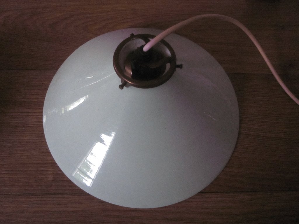 Antiek glazen hanglamp met koperen ophangsysteem., Ophalen of Verzenden