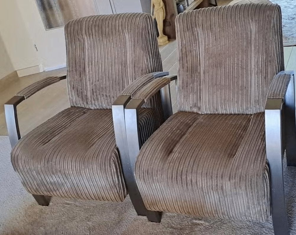 2 fauteuils samen te koop. Ribstof met metalen poten.z.g.a.n, Ophalen, 75 tot 100 cm, Zo goed als nieuw, Stof
