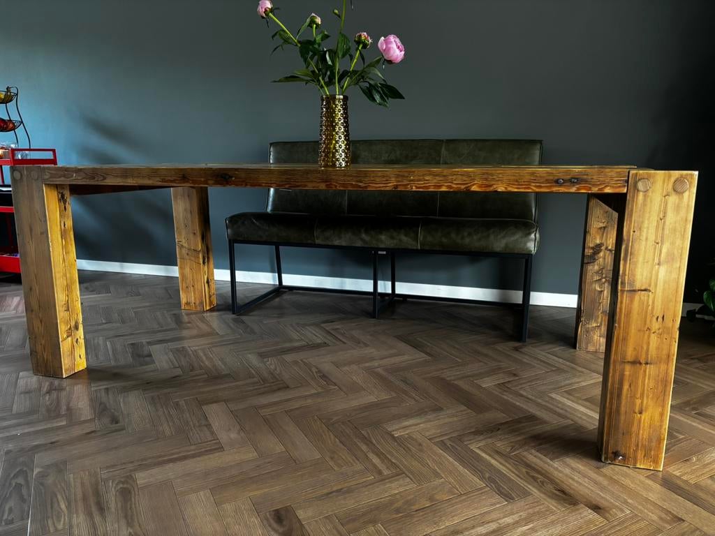 Houten eettafel boerderij balken, Ophalen, 200 cm of meer, 50 tot 100 cm, Zo goed als nieuw