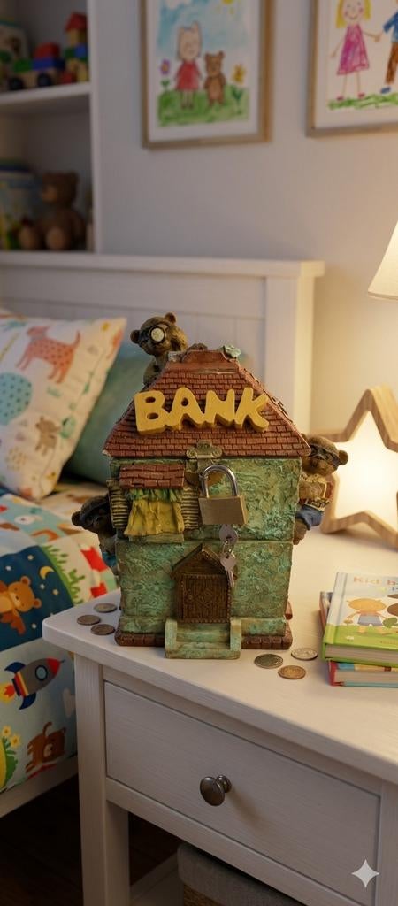 Schattige Spaarpot – Huis met Beertjes (met slot en sleutel), Verzamelen, Efteling, Gebruikt, Ophalen of Verzenden