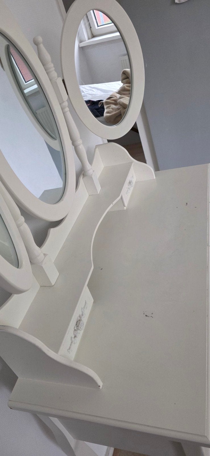 Witte kaptafel met spiegel en krukje, Ophalen, Gebruikt, 100 tot 150 cm, 100 tot 150 cm