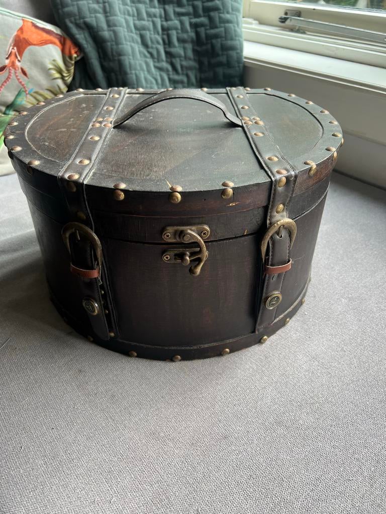 Vintage houten hoedendoos/opbergdoos met leren details, Ophalen of Verzenden, Zo goed als nieuw