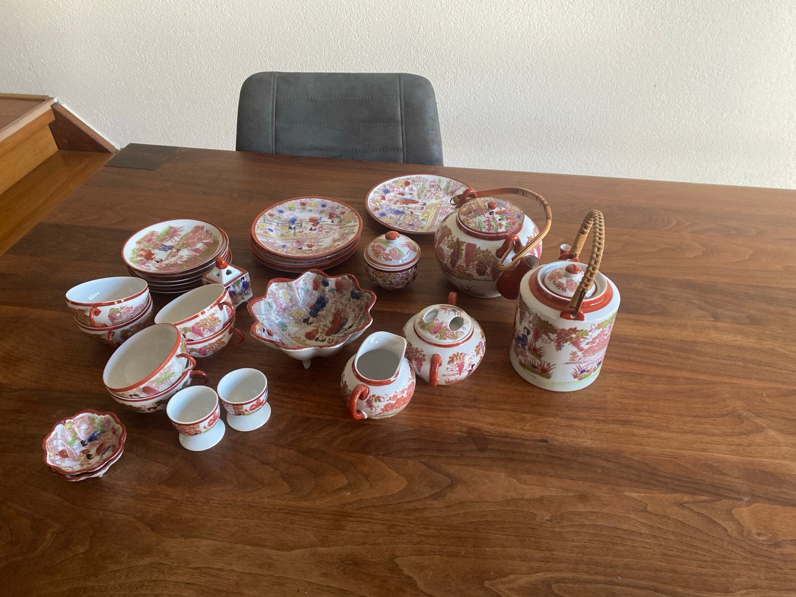 Vintage Japans theeservies en eierdopjes, handgeschilderd, Antiek en Kunst, Ophalen