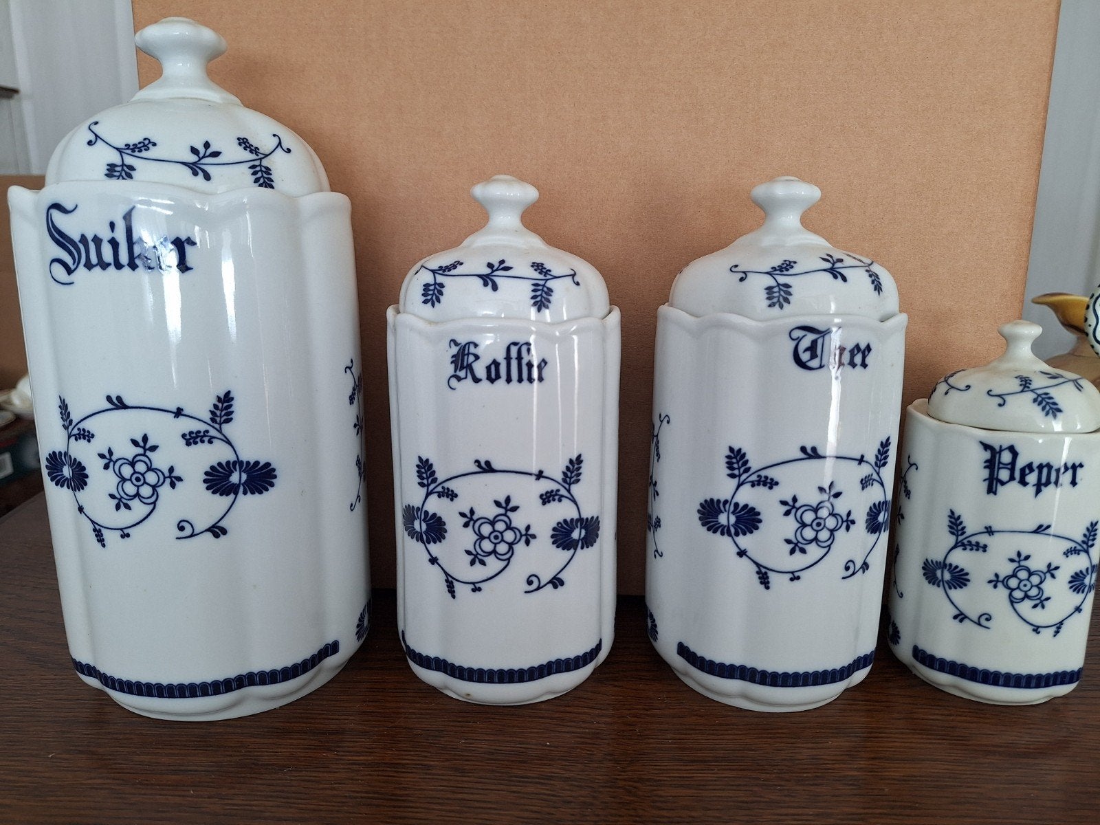 Vintage blauw Keukenset: Suiker-, Koffie-, Thee- en Pe, Antiek en Kunst, Ophalen of Verzenden