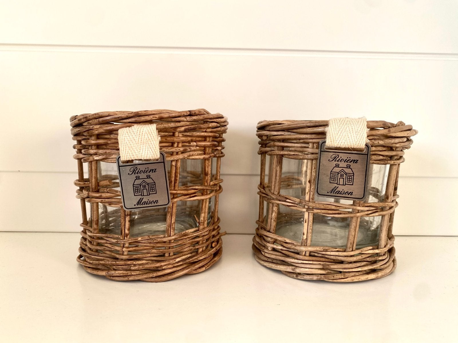 Riviera Maison theelichthouders rotan , rattan set van 2, Ophalen of Verzenden, Natuurlijk materiaal, Bruin, Landelijk