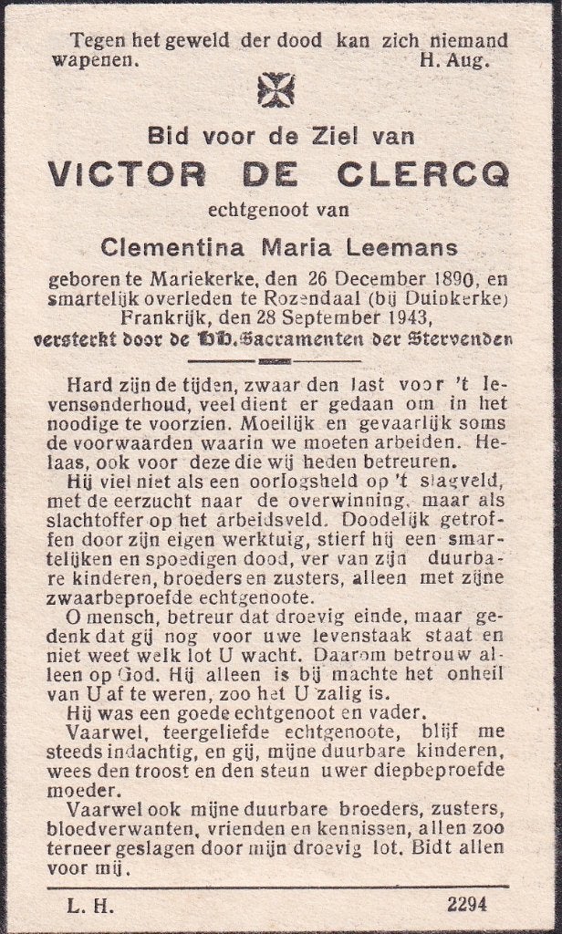 Clercq Victor 1890 Mariekerke 1943 Rozendaal Duinkerke, Ophalen of Verzenden, Bidprentje