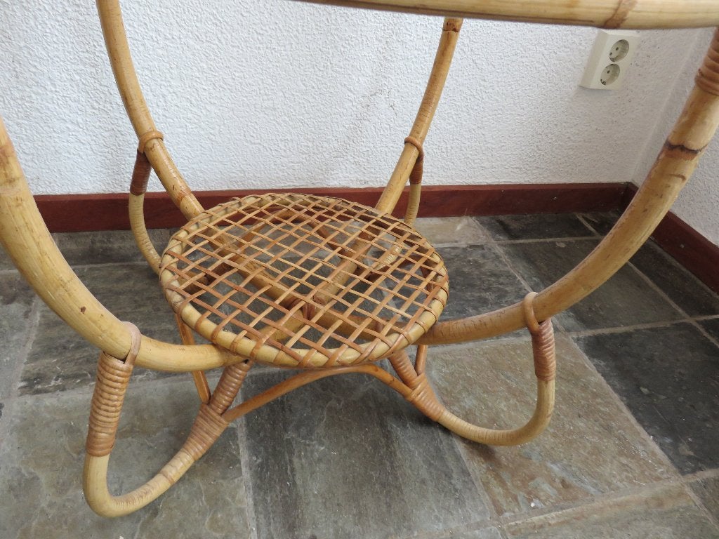 Vintage Rohé Noordwolde rotan bijzettafel met figuurglas, Minder dan 55 cm, Rond, Glas, Ophalen