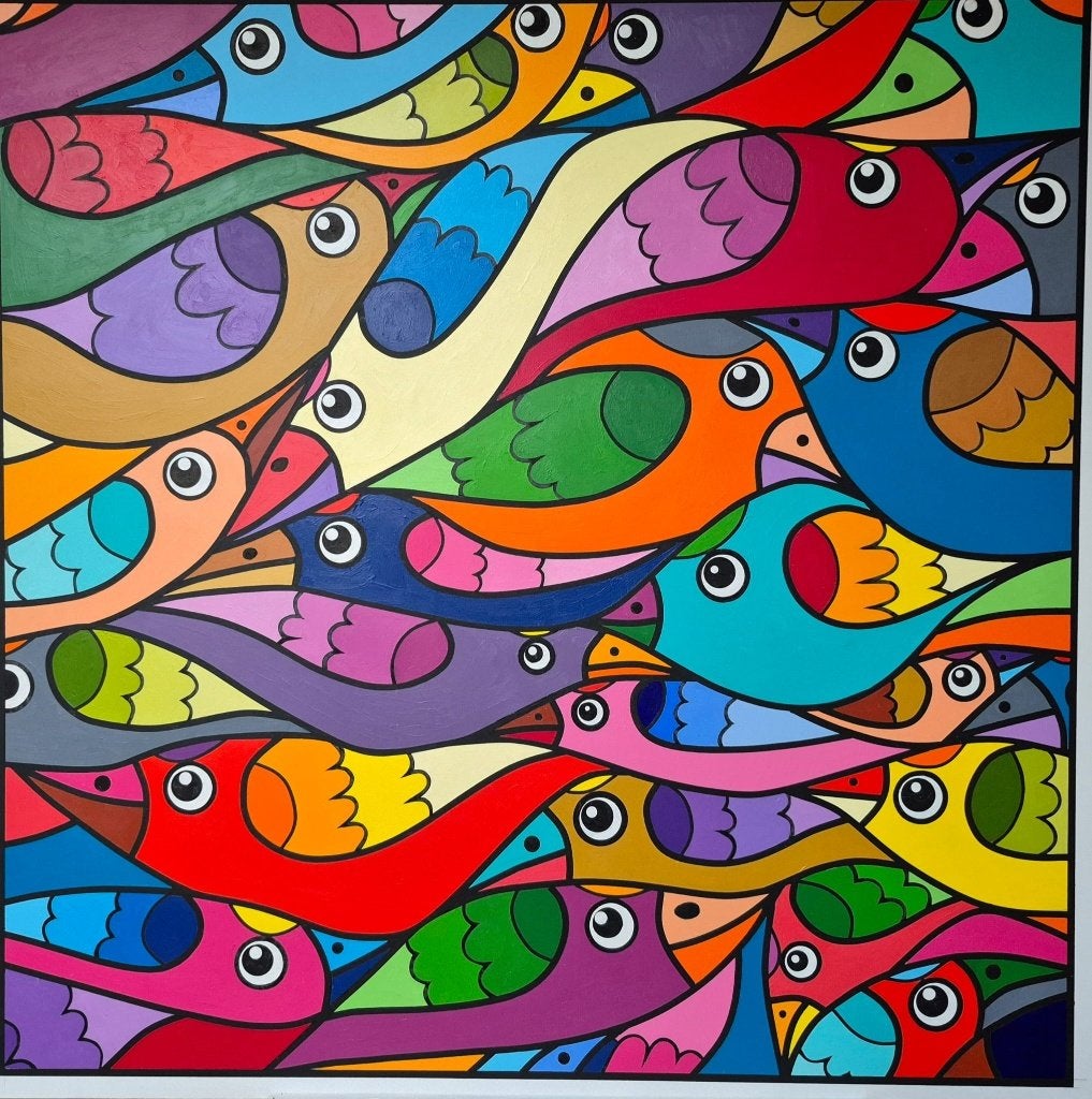 Schilderij Franklin van Dam - Kleurrijke Vogels / Pop-Art, Acrylverf, Hout, Handgeschilderd, Ophalen of Verzenden