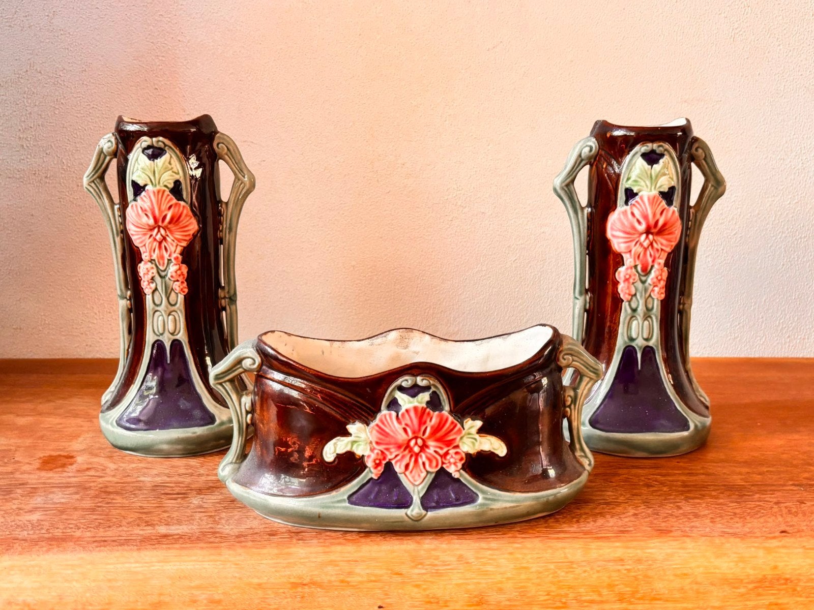 3-delig Boheems/Oostenrijks majolica art nouveau kaststel, Antiek en Kunst, Antiek | Keramiek en Aardewerk, Ophalen