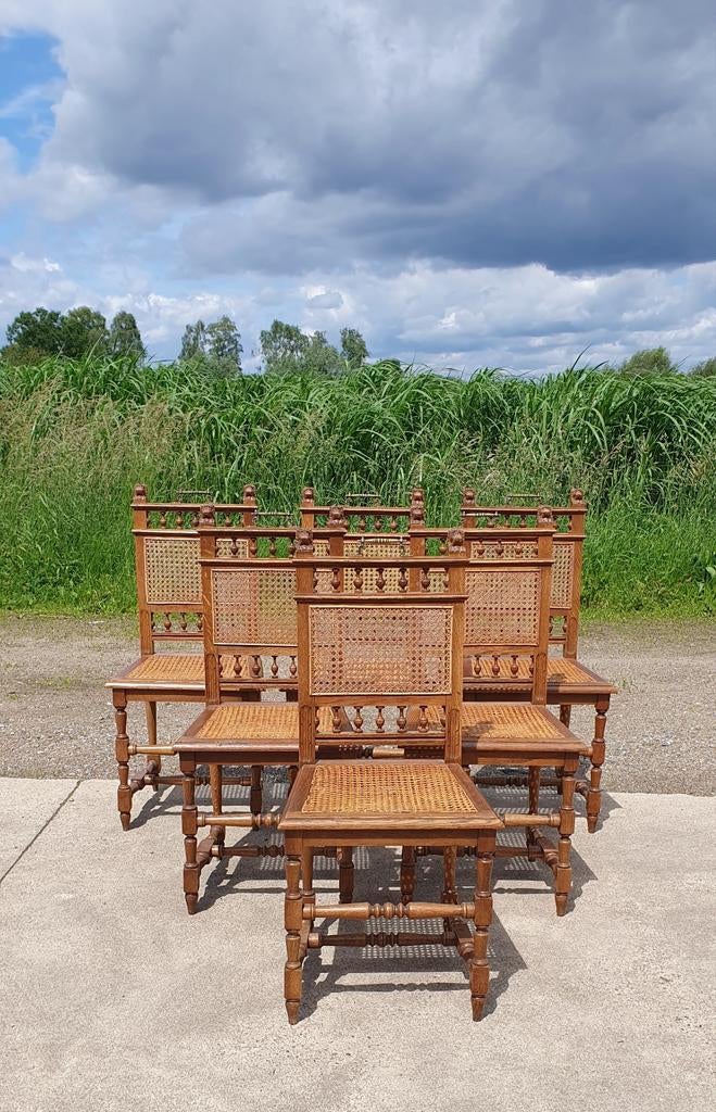 Set 6 antiek mechelse stoelen rieten zitting eiken, Ophalen, Bruin, Antiek landelijk rustiek louis, Hout