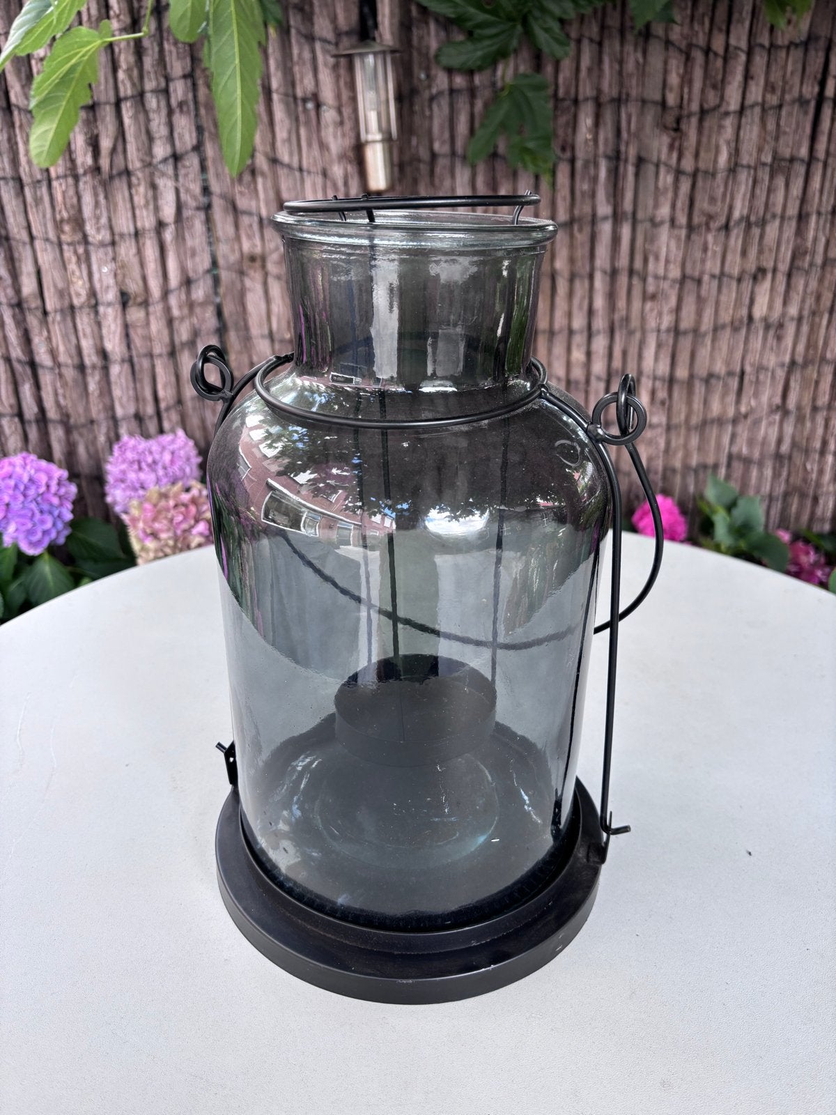 Windlicht van glas en zwart metaal - Zo goed als nieuw, Windlicht, Zwart, Ophalen of Verzenden, Glas