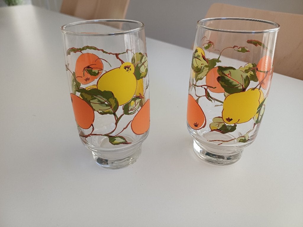 1970s limonade- of sapglazen met fruitmotieven, Verzamelen, Glas en Borrelglaasjes, Ophalen of Verzenden, Zo goed als nieuw, Overige typen