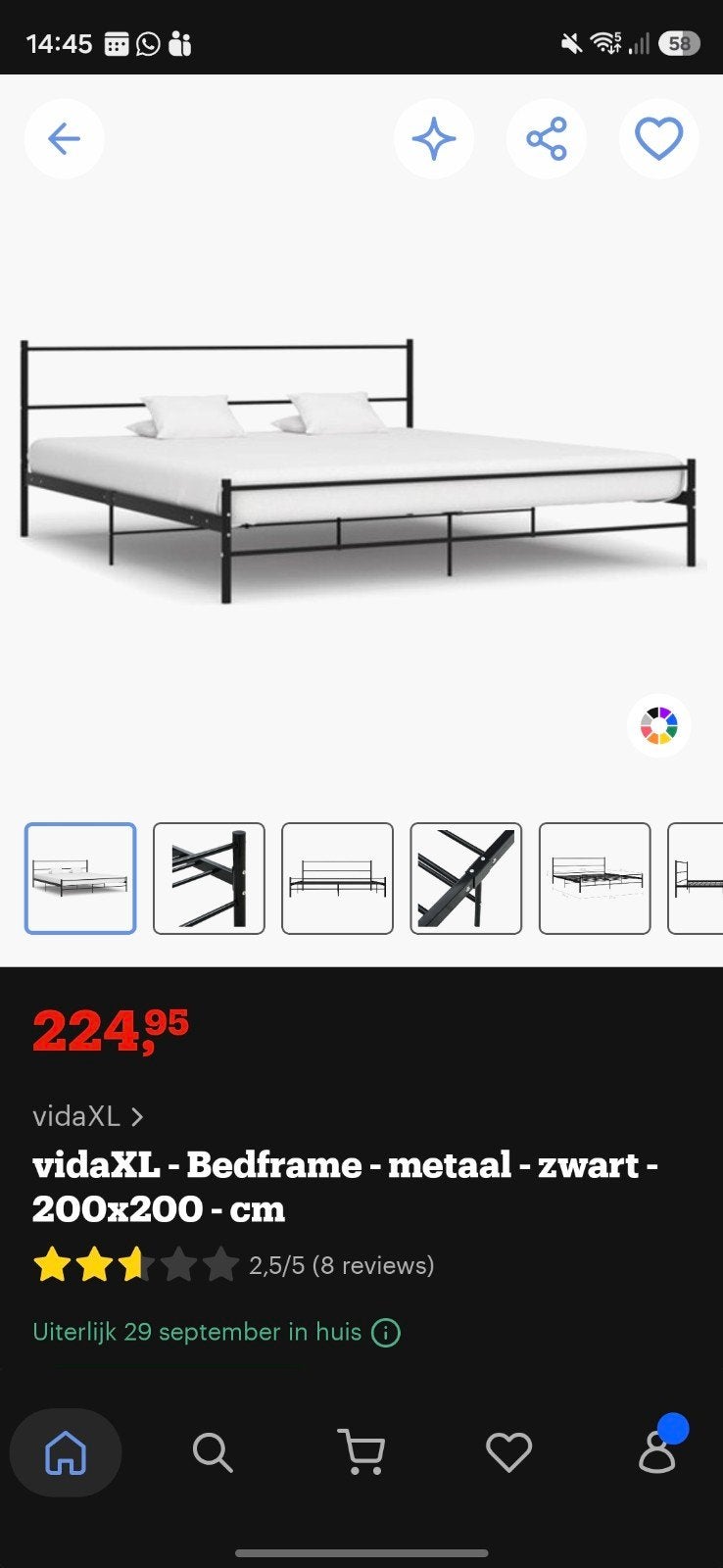vidaXL Tweepersoonsbedframe - Zwart Metaal - 200x200 cm, Ophalen, Gebruikt, Zwart, Tweepersoons