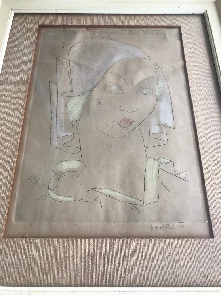 tekening art deco haagse school vrouw klederdracht dirk bus, Antiek en Kunst, Kunst | Schilderijen | Klassiek, Ophalen of Verzenden