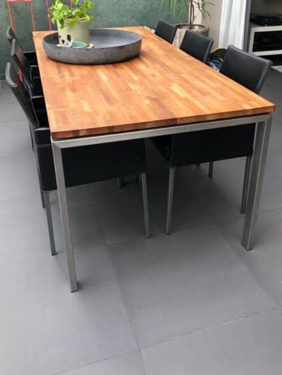 Eettafel teak met 6 leren stoelen, Huis en Inrichting, Ophalen, Gebruikt, 6 tot 8 stoelen
