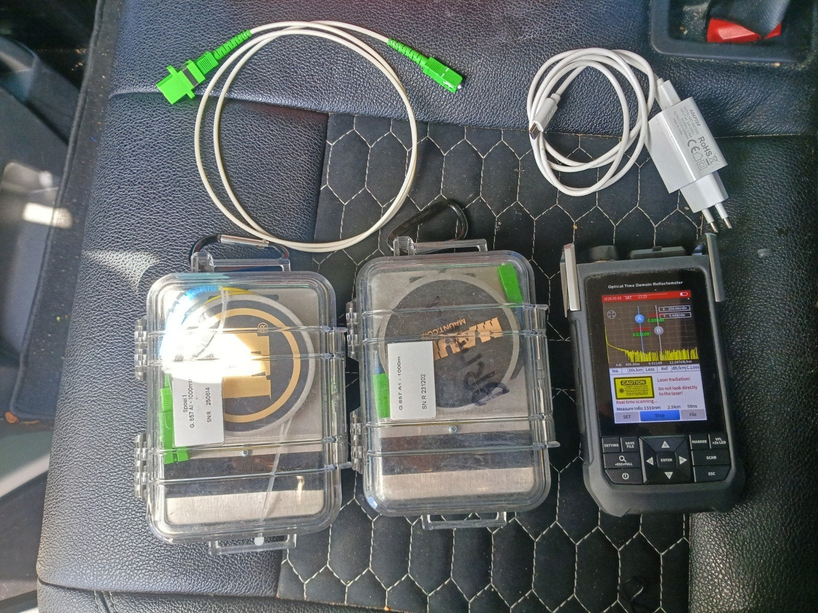OTDR Meter met voorspan en naspanvezels FTTH Glasvezel Maunt, Ophalen of Verzenden, Gebruikt, Overige meters