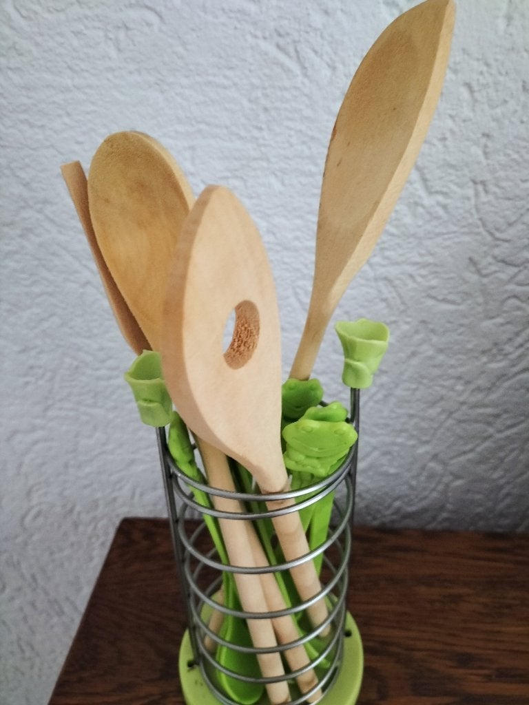 Houten keukengerei set met houder en kikkerlepels, Ophalen, Hout, Meerkleurig, Overige merken