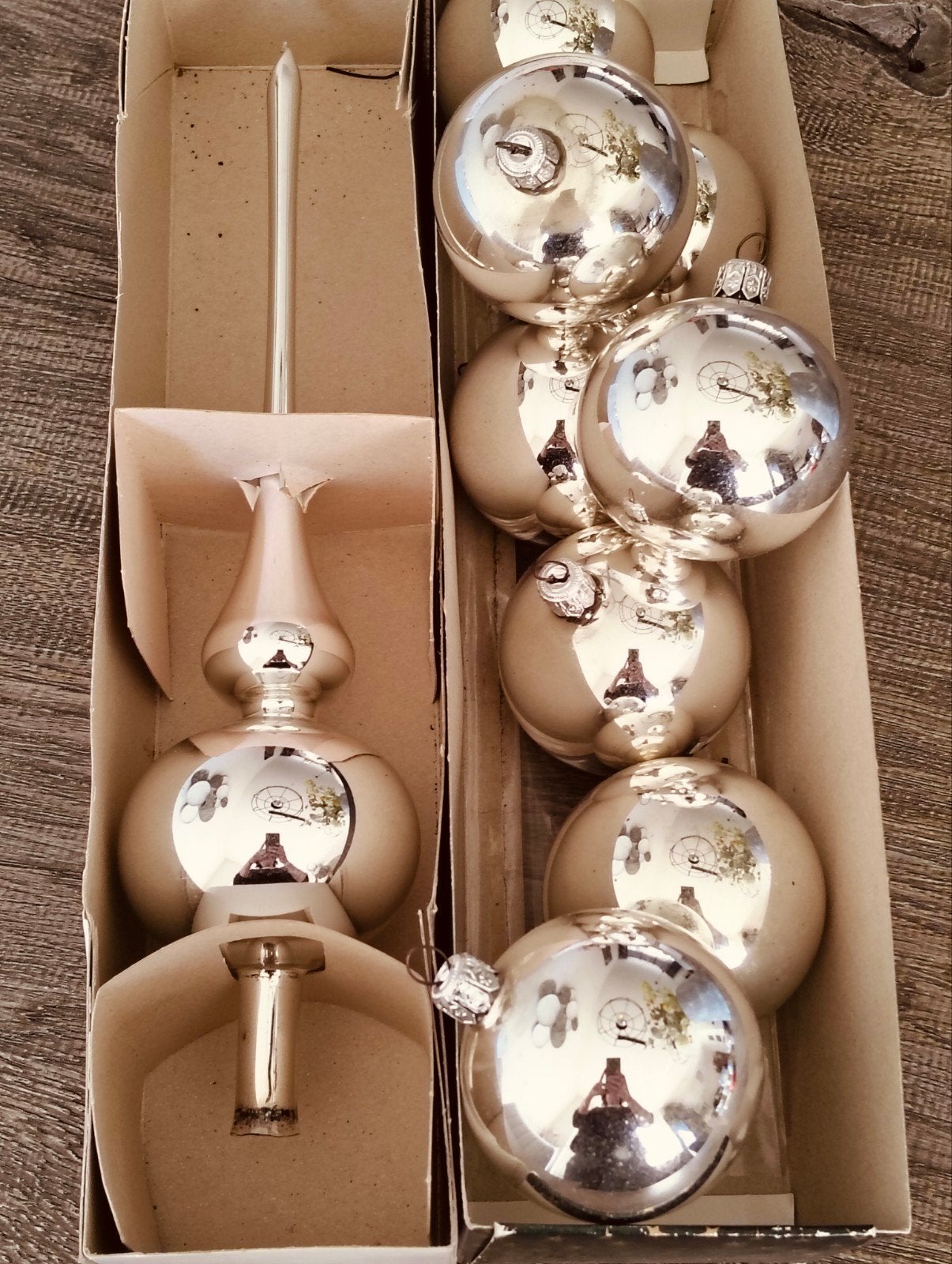 vintage kerstversiering zilverkleurig glazen kerstbal -piek, Diversen, Kerst, Ophalen of Verzenden, Gebruikt