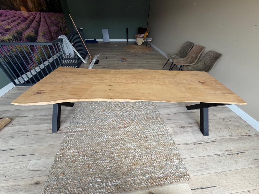 Boomstamtafel 80-95x250cm met stalen X-poten, Ophalen, Gebruikt, 200 cm of meer, 50 tot 100 cm