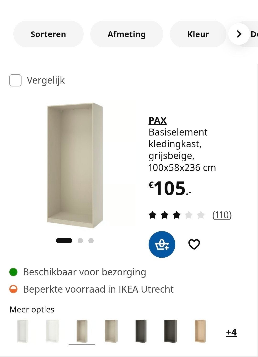 PAX IKEA NIEUW in verpakking Basiselement kledingkast grijs, Ophalen, 200 cm of meer, Nieuw, 50 tot 100 cm