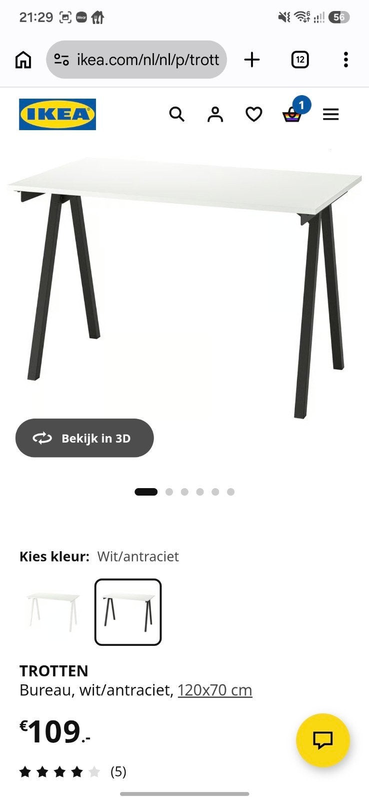 IKEA TROTTEN Bureau Wit/Antraciet 120x70 cm, Ophalen, Demontabel, 120 cm, Spaanplaat of MDF