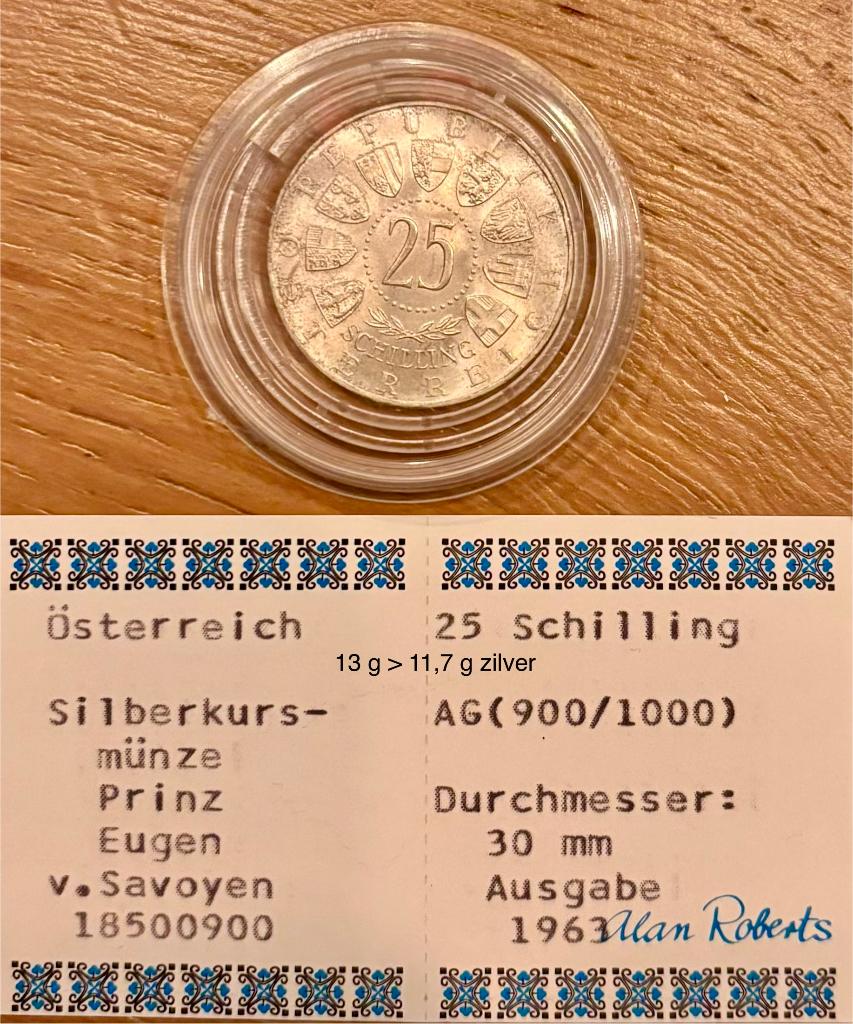Oostenrijk 25 Schilling zilver 1963 Eugen von Savoyen, Ophalen of Verzenden, Oostenrijk, Losse munt, Zilver