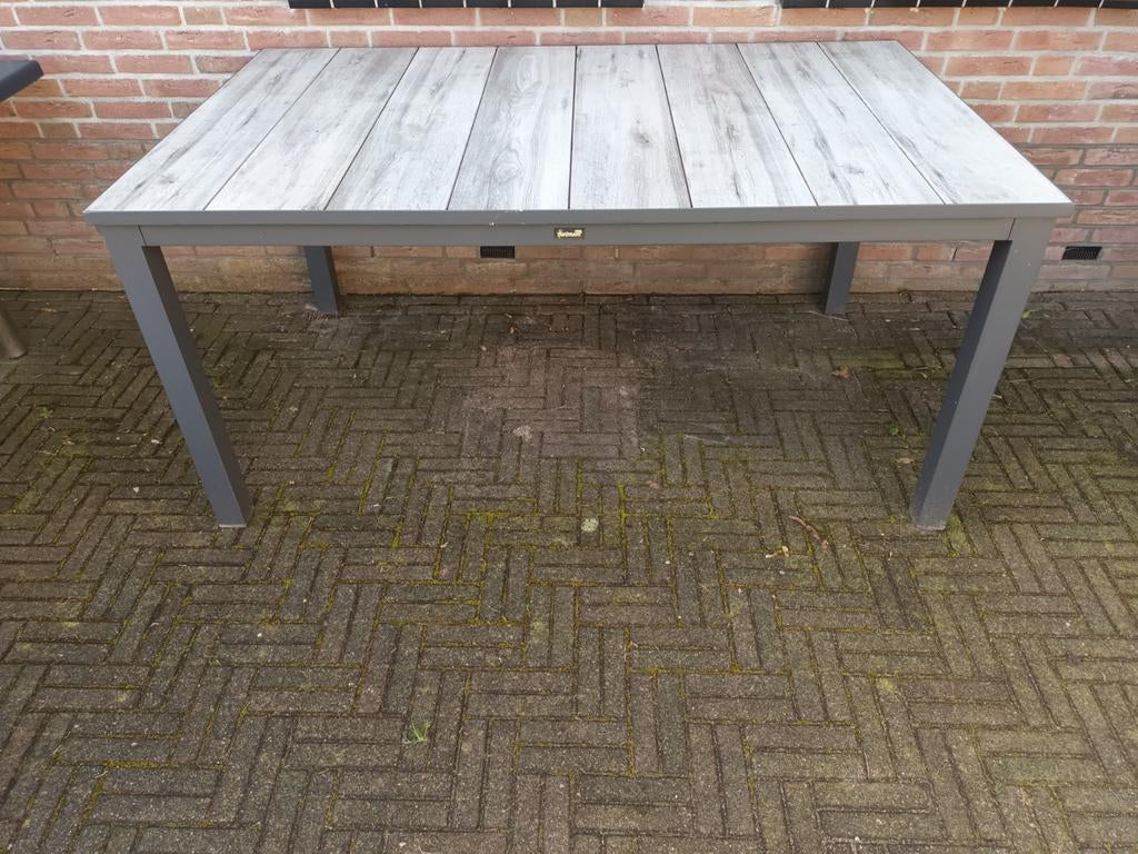 Tuintafel aluminium onderstel met stenen blad houtmotief, Tuin en Terras, Ophalen, Gebruikt, Rechthoekig, Aluminium