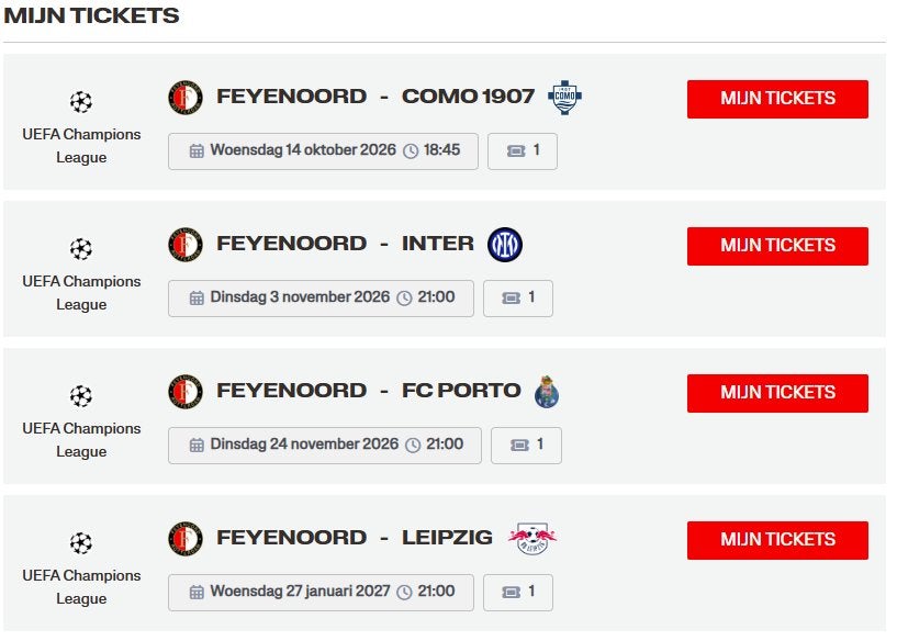 Feijenoord UEFA Champions League passe partout 2026 - vak H, Overige typen, Eén persoon, September, Europa of Champions League