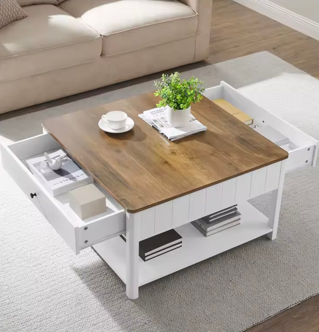 Salontafel 80x80 cm Walnootbruin/Wit met lades - NIEUW!, Huis en Inrichting, Tafels | Salontafels, Verzenden, Nieuw, Vierkant