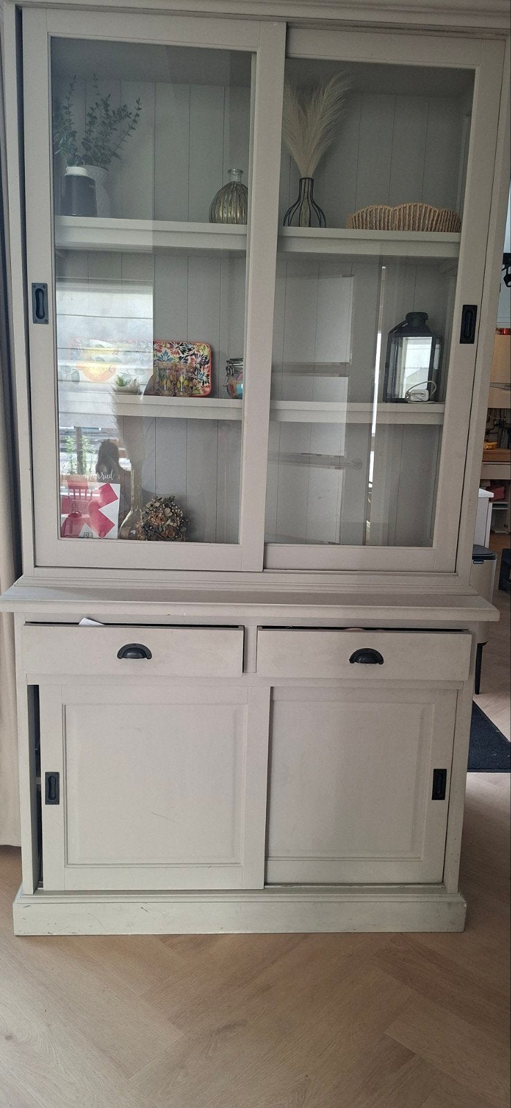 Taupe krijtverf kast - 218x117x55 cm, Gebruikt, 100 tot 150 cm, 200 cm of meer, Met lade(s)