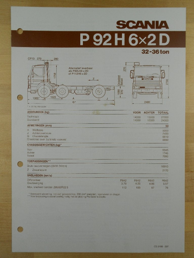 Scania P92 6x2 1986 Technische Specificatie Brochure P 92, Ophalen of Verzenden, Zo goed als nieuw, Overige merken, Scania