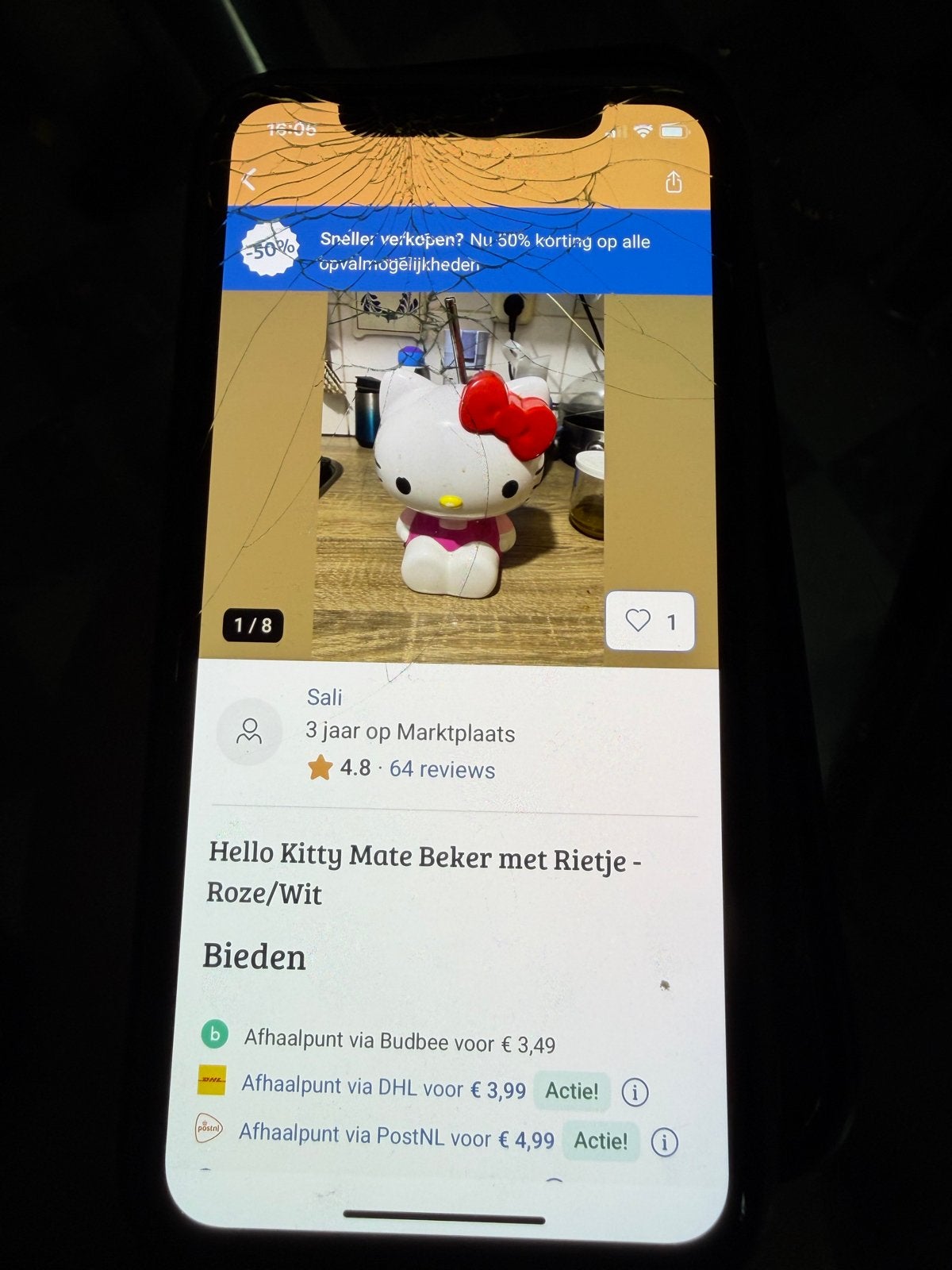 Hello Kitty Mate Beker met Rietje - Roze/Wit, Ophalen of Verzenden, Gebruikt, Meisje