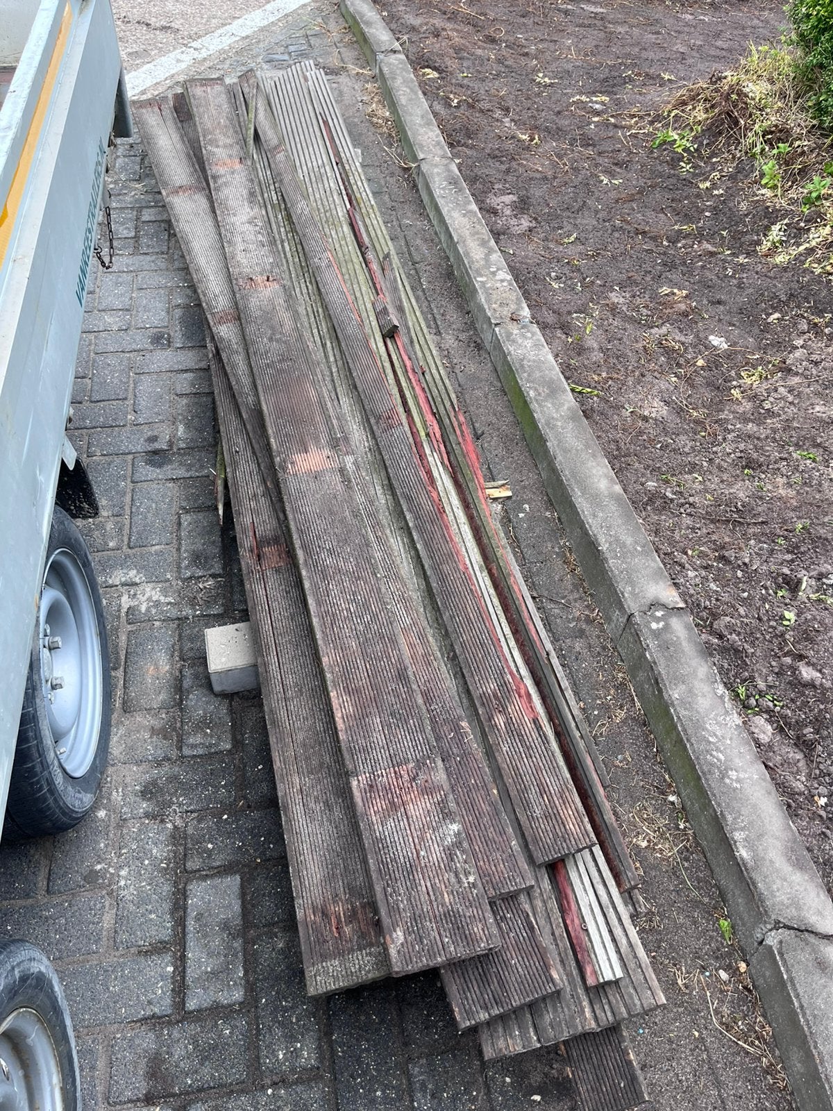 Steigerplanken ongeveer drie meter stookhout, Gebruikt, Planken, Ophalen of Verzenden, Hardhout