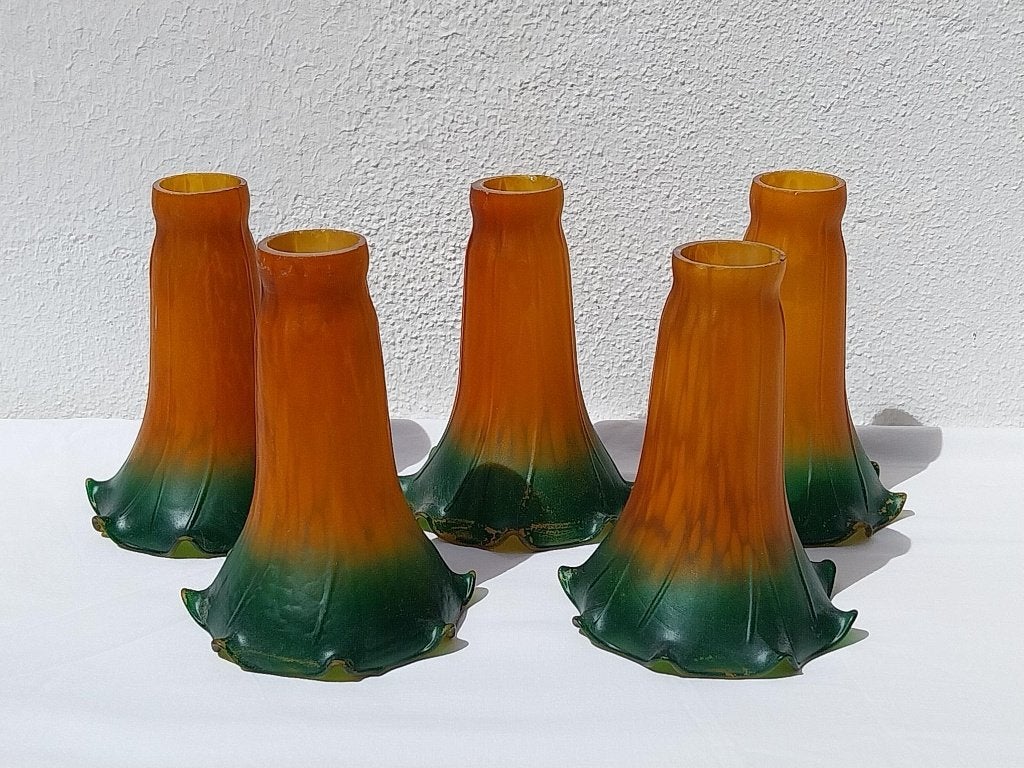 Set 5 Art Deco lampenkappen groen amber mat en helder glas, Ophalen of Verzenden