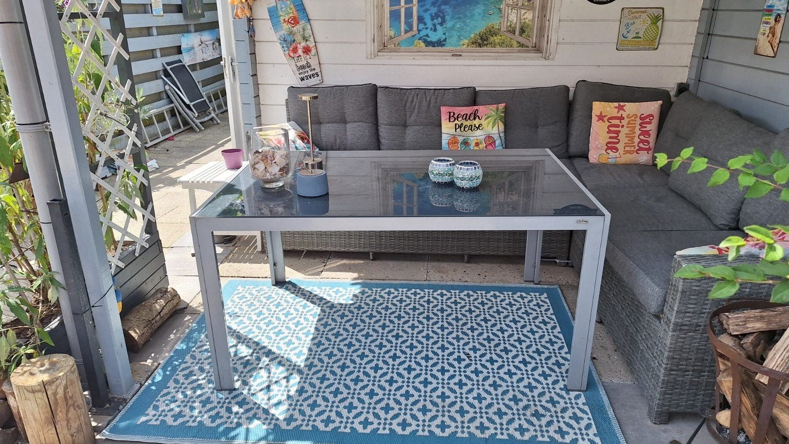 Tuin bijzettafel met glazen blad - Gebruikt, Ophalen of Verzenden, Gebruikt, Rechthoekig, Aluminium