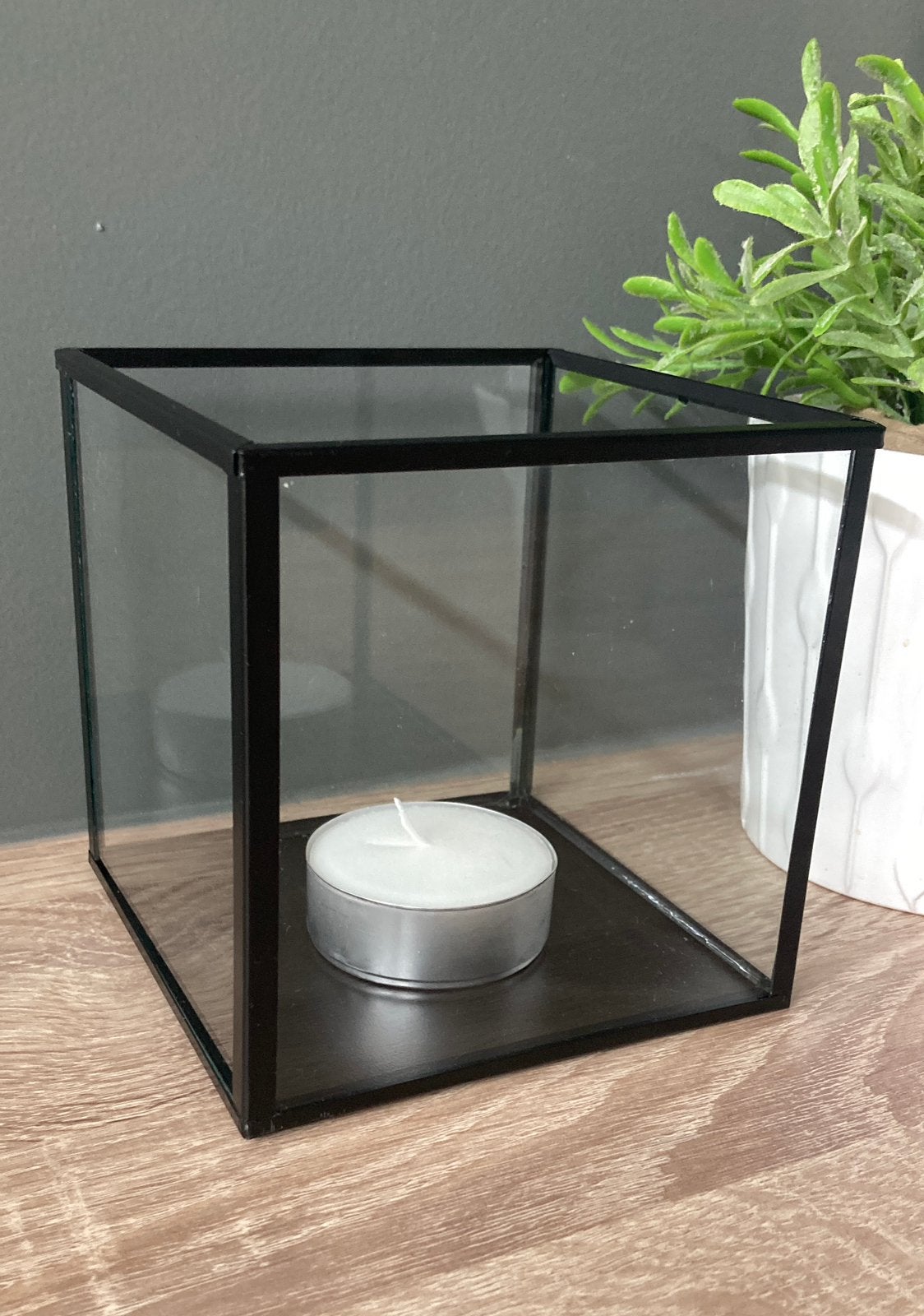 Zwart glazen kubus windlicht, Ophalen, Gebruikt, Zwart, 13 cm