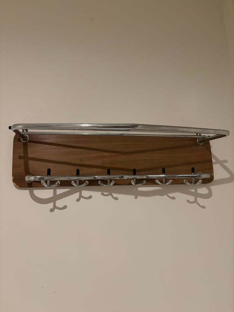 Vintage wandkapstok met hoedenplank en haken, Gebruikt, Minder dan 100 cm, Hout, Ophalen