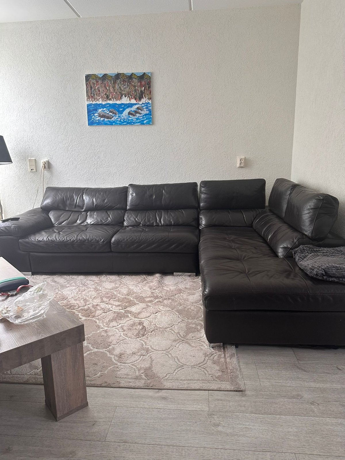 Zwarte (echte) leren bank + poef, Ophalen, Rechthoekig, 125 cm of meer