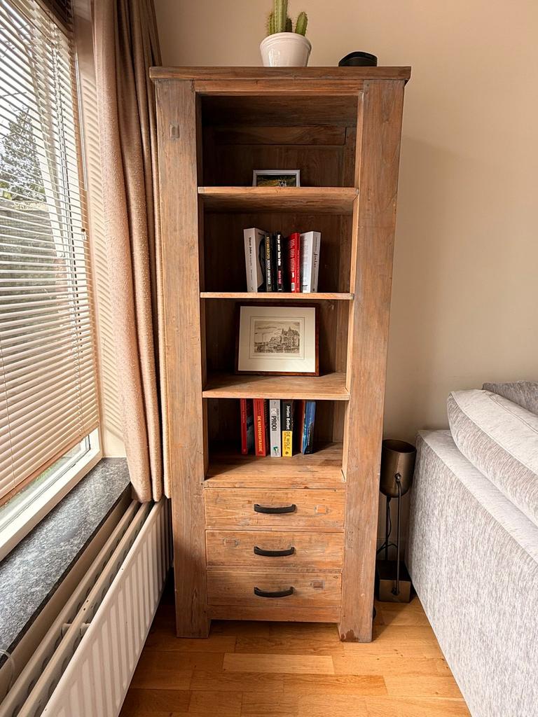 Rustieke Teak Boekenkast met Grey Wash Look, Ophalen, Met plank(en), Teakhout, 50 tot 100 cm