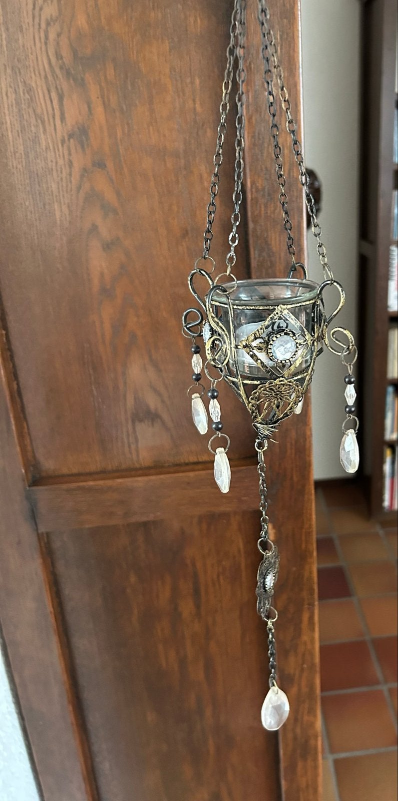 Set van 3 hangende theelichthouders met kralen en hangers, Meerkleurig, Waxinelichthouder, Ophalen of Verzenden, Zo goed als nieuw
