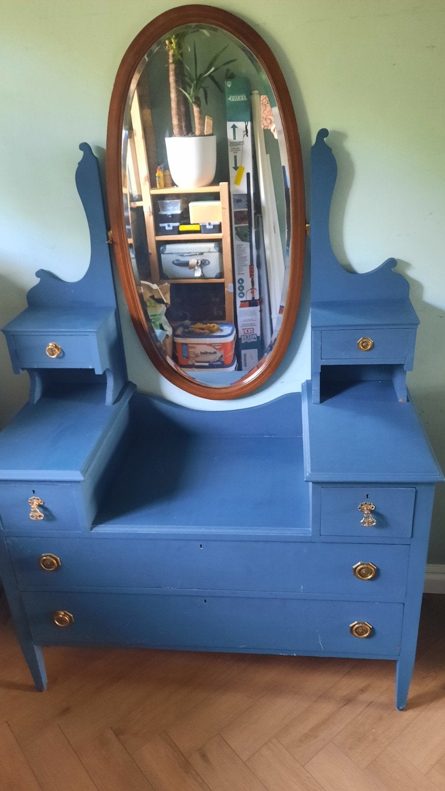 Vintage kaptafel met spiegel - Blauw geverfd, Huis en Inrichting, Ophalen, Gebruikt, 100 tot 150 cm, Vintage, Klassiek