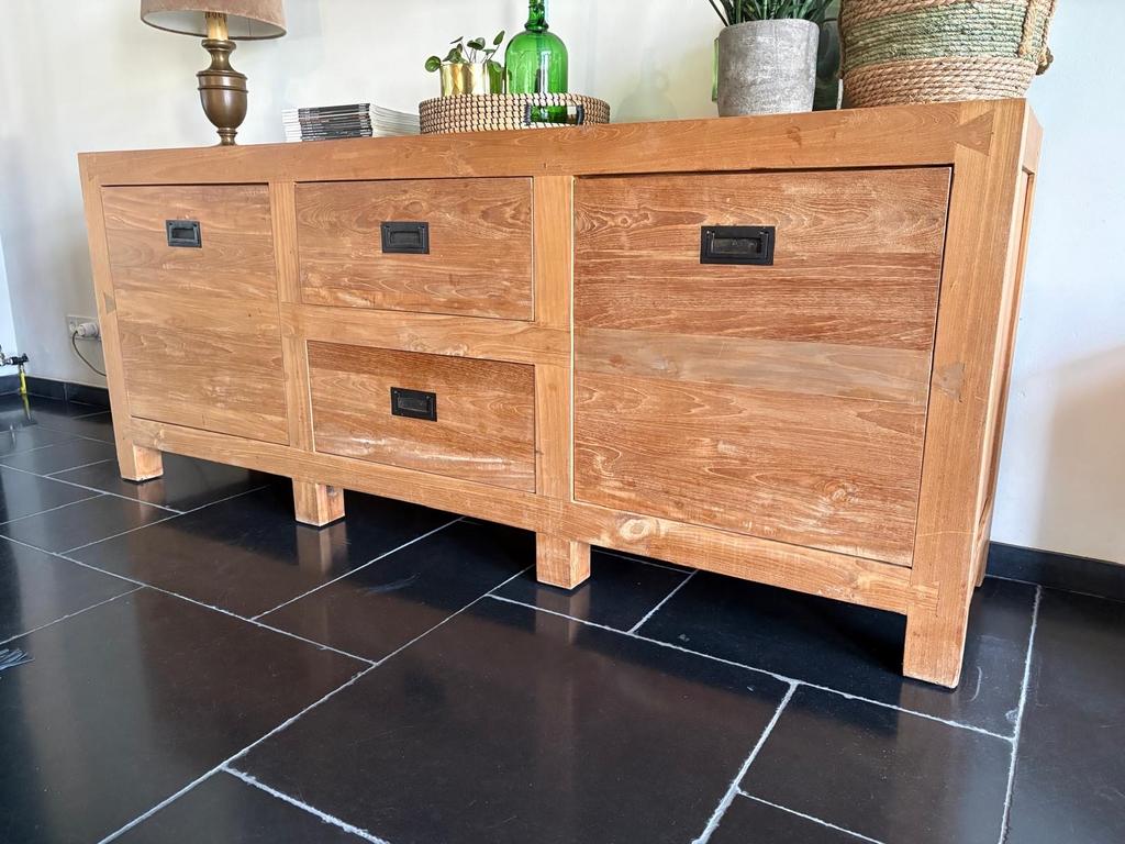 Massief Teakhouten Dressoir met Lades en Deuren, Ophalen, 150 tot 200 cm, Teakhout, Zo goed als nieuw