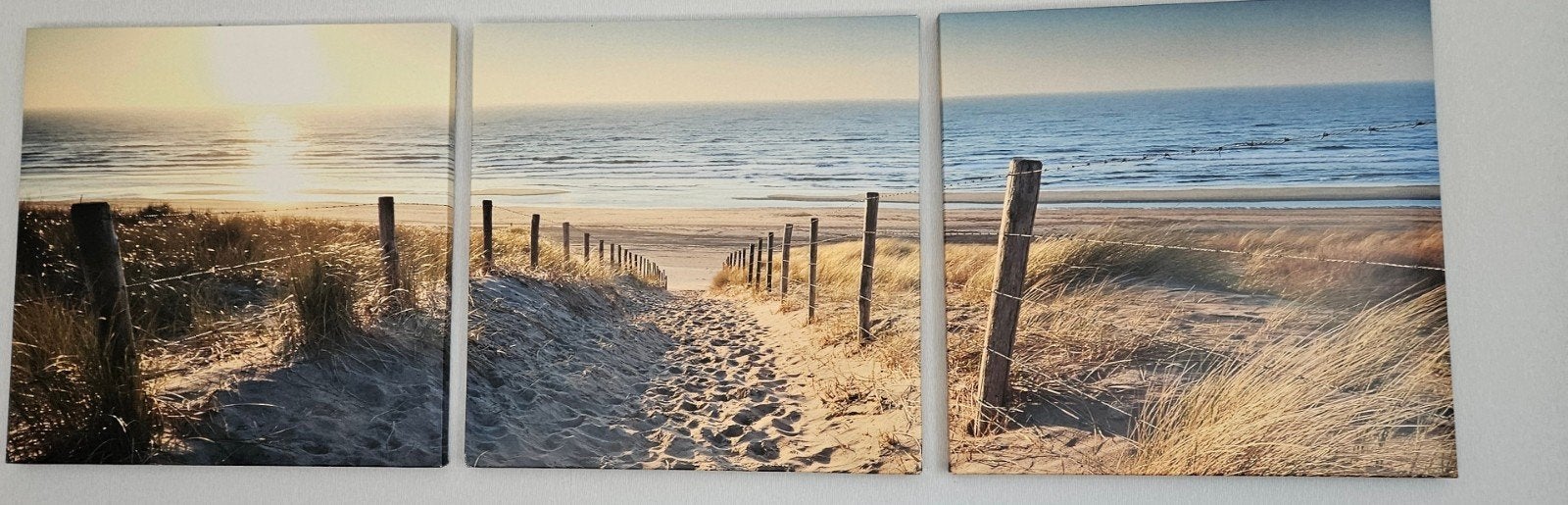 Set van 3 strandcanvas schilderijen - Zonsondergang 50x50cm, Huis en Inrichting, Ophalen, 50 – 75, Zo goed als nieuw, Schilderij