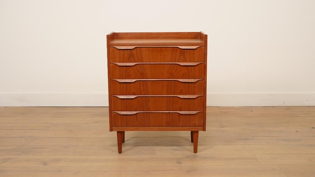 Vintage Deense ladekast | Teak | 5 lades, 5 laden of meer, Teakhout, Zo goed als nieuw, 25 tot 50 cm