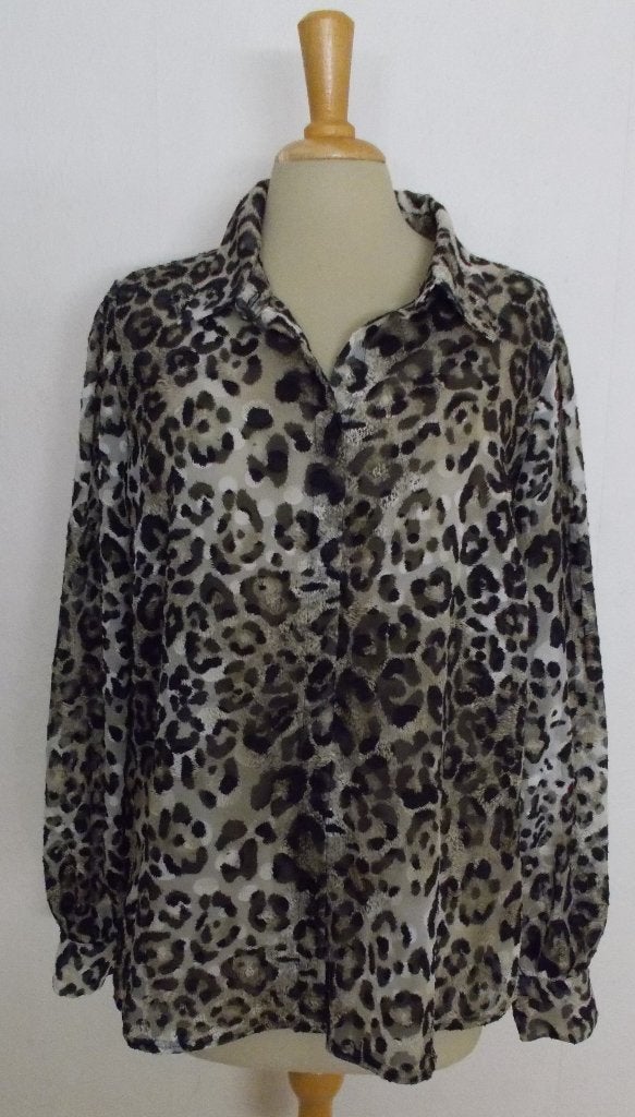 Leuke iets transparante tijger print blouse van Geisha! L, Kleding | Dames, Verzenden, Zo goed als nieuw, Maat 42/44 (L), Bruin